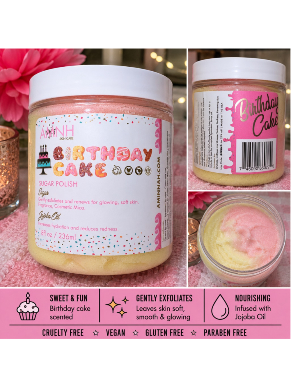 Aminnah Birthday Cake Sugar Polish Scrub 8 oz | Exfoliating Body Scrub | New
